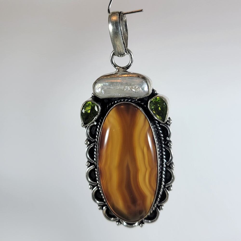 Sterling Pendant with Banded Agate, Pearl & Peridot – Natural Crystal Jewelry